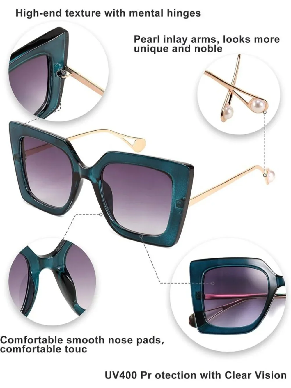 Women's Trendy Square Shades Pearl Inlay Cat Eye UV400 Protection Peacock Blue